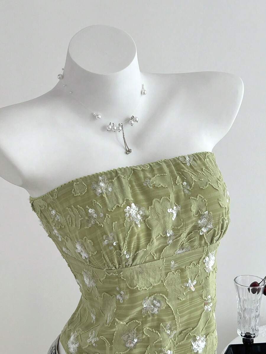 Elamini 透明不对称设计亮片纹理精致优雅短款上衣，夏季 - 綠色 - 查看 1