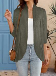 EMERY ROSE Cárdigan casual sólido de apertura frontal y manga 3/4 de estilo holgado para mujer