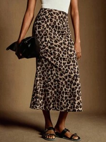 Écloséra 女士中腰豹纹鱼尾下摆半身裙，优雅 - 棕色 - 查看 3