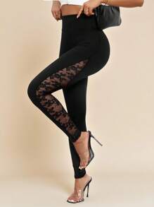 Amorya Contrast Lace Panel Black Leggings Fall/Winter Back To School Modest Vintage Old Money Teacher Airport Summer Black Pants Summer - Black - View 2