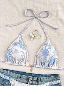 SHEIN 2pcs/Set Random Color Print Side Knot High-Cut Bikini Bottoms, Holiday Beach Swimwear Set For Women For Summer Beach Vacation - Multicolor - View 4