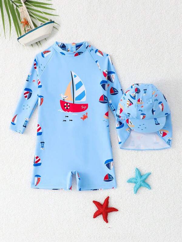 SHEIN Body une pièce bébé garçon avec chapeau de soleil, motif mignon de bateau à voile, manches longues. Convient pour la plage, le surf, la natation, les voyages et les vacances