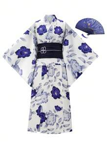 Irokai Women's Traditional Floral Print Yukata White,Summer,Jamican,Modest,Traditional,Vacation,Holiday Japanese Style Kimono Robe With Bell Sleeve Bowknot - Blue and White - View 1