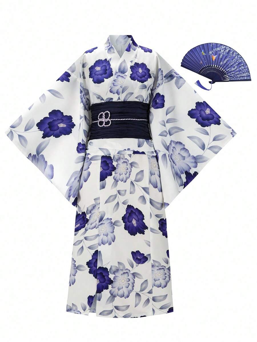 Irokai Women's Traditional Floral Print Yukata White,Summer,Jamican,Modest,Traditional,Vacation,Holiday Japanese Style Kimono Robe With Bell Sleeve Bowknot - Blue and White - View 1