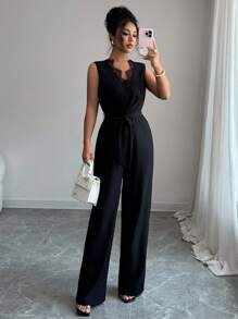 Elenzga Women's Sleeveless Solid Color Contrast Lace Jumpsuit, Elegant Style For Summer - Black - View 1