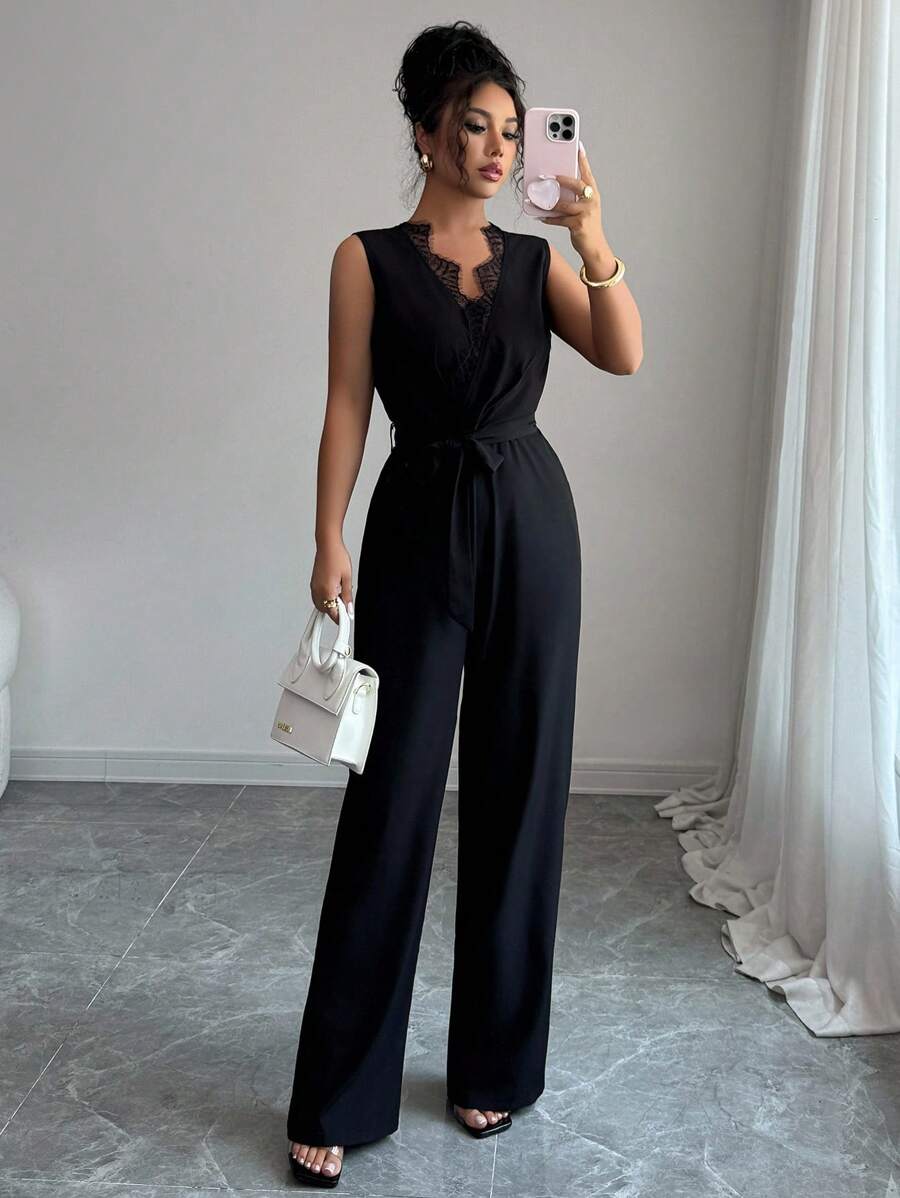 Elenzga Women's Sleeveless Solid Color Contrast Lace Jumpsuit, Elegant Style For Summer - Black - View 1