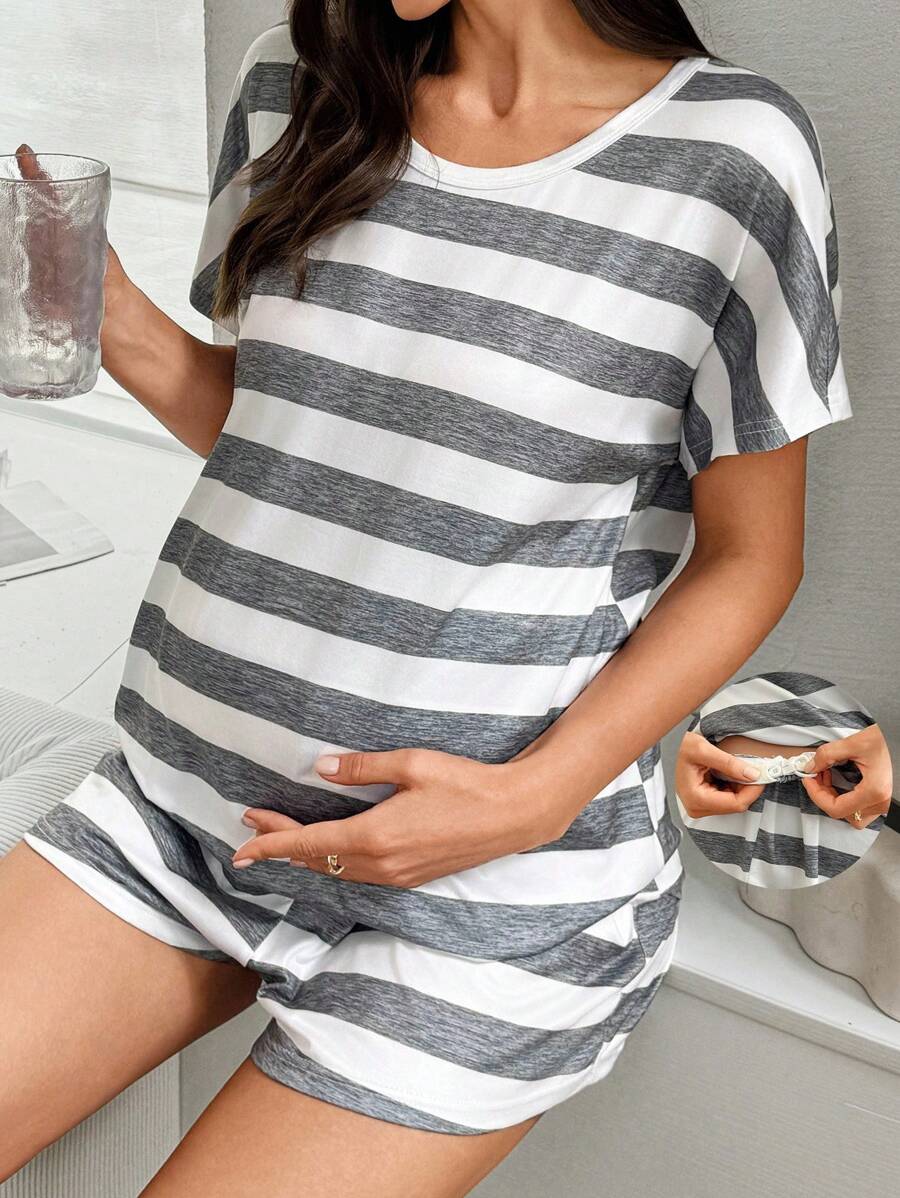 SHEIN Striped Printed Casual Maternity Pajamas Set - Multicolor - View 1