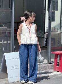 Ensemble 2 pièces pour filles adolescentes, style coréen, top sans manches à volants imprimé floral + pantalon en jean évasé, été - Blanc - Voir 5