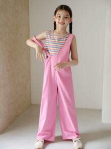 女童圆领无袖条纹连体裤套装 - 粉色 - 查看 4