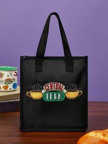 FRIENDS X SHEIN Bolsa de almuerzo aislada con estampado de taza de café, mantiene los alimentos calientes o fríos, bolsa de picnic, gran capacidad, puede contener cajas de almuerzo y bebidas, adecuada para picnics, camping, viajes, uso doméstico, adecuada para familias, niños y estudiantes, amigos, Central Perk