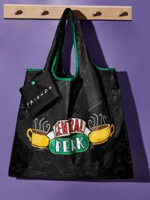 FRIENDS X SHEIN 1 pieza Bolsa de compras plegable de poliéster con estampado de taza de café, bolsa de totes, equipada con una bolsa de almacenamiento pequeña con una cadena de cuentas, que se puede colgar en un bolso, amigos, Central Perk