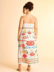 CAJUNI Vestido largo sin mangas con escote en V y estampado tropical de plantas coloridas para mujer de talla grande, uso casual de playa y vacaciones, verano - Multicolor - Ver 3