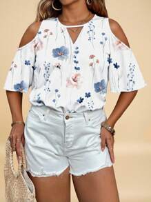 Travachic Áo sơ mi cổ khoét lỗ họa tiết hoa màu xanh và trắng phong cách ngày lễ, mặc thường ngày, phù hợp với mọi kích cỡ, hở vai, cỡ lớn, kỳ nghỉ hè - Nhiều màu - Xem 4