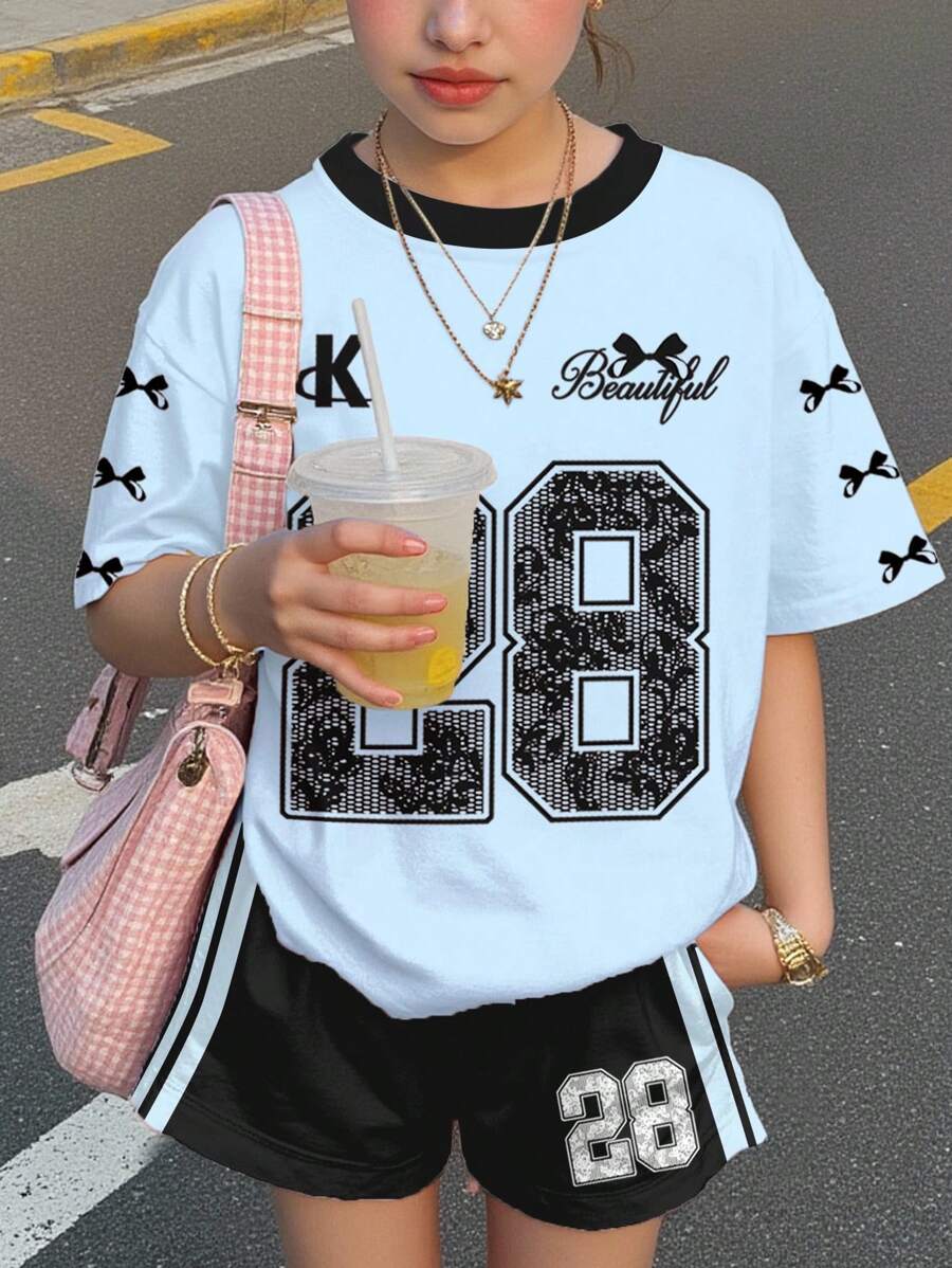 SHEIN Leap Crew Bộ đồ 2 mảnh quần short tay ngắn tối giản thường ngày cho bé gái tuổi teen, phù hợp cho mùa hè - Nhiều màu - Xem 1