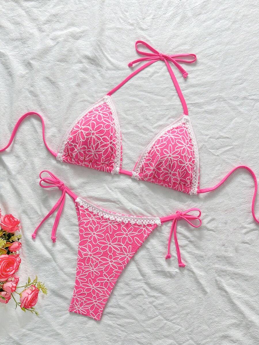 Swim Mod Bộ đồ bơi bikini hai mảnh họa tiết hoa buộc dây gợi cảm cho nữ, bãi biển mùa hè - Hồng - Xem 1