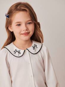 PrepCrw 少女校园风领蝴蝶结印花长袖衬衫 - 黑與白 - 查看 4