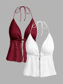 Sweetina Two-Piece Set Y2k Summer Hawaiian Clothes Solid Color Backless Halter Top With Straps - Multicolor - View 2