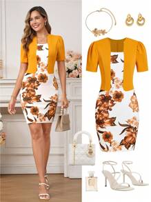 Ellevyn Damen Blumen-Muster elegantes Kurzarm-Kleid, Sommer Business Lässig Arbeitskleid, Ausgehoutfit