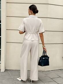 Siren Gaze 2pcs/Set Women Solid Color Short Sleeve Drawstring Waist Shirt And Pants Casual Commuter Suit Beige Two Piece Set Casual Two Piece Set Two Piece Pant Set,All-Season,Back To School Clothes, Fall Women Clothes Summer - Apricot - View 2