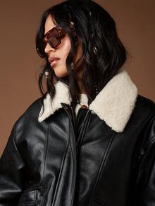 MISSGUIDED 仿皮飞行员夹克，羊羔绒领，冬季时尚，摩托车风格，休闲外套，个性拉链前开，街头风格 - 黑色 - 查看 8