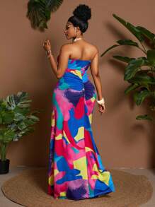 Maweii 大码女式多色印花抹胸紧身连衣裙，夏季度假和户外服装 - 彩色 - 查看 2