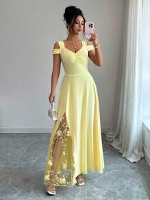 Elenzga Vestido elegante y romántico de mujer con aplicaciones de malla en la cintura - Amarillo - Ver 1