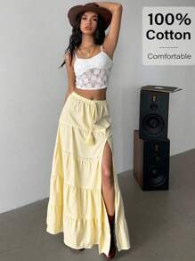 Siren Gaze Falda cinturada color amarillo mantequilla para mujer - Outfits de verano 2025 | Dobladillo con volantes y abertura lateral | Estilo casual para playa, traslado, citas y talla grande | 100% algodón | Moda de otoño y verano