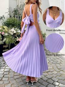 SHEIN LUNE Vestido largo sin mangas de unicolor casual con pliegues en la espalda y lazo de moño, adecuado para viajar, uso diario, verano - Púrpura malva - Ver 2