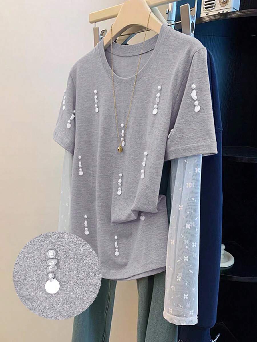 SHEIN 2-In-1 Design Pearls & Sequins Embellished Drop Shoulder Loose T-Shirt - Multicolor - View 1