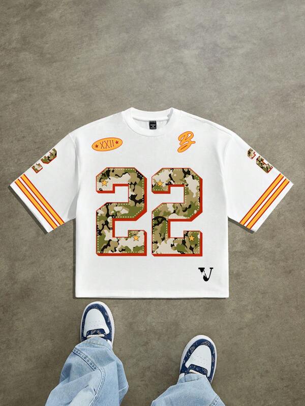 Manfinity ZONE917 T-shirt ample et lâche de style de rue pour homme de grande taille, blanc et orange, avec le numéro 22 imprimé, coupe carrée et court