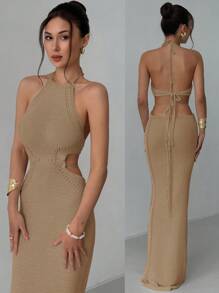 Aloruh Summer New Beach Vacation Crochet Beach Dress, Romantic Hollow Backless Lace-Up Fish Tail Dress Sexy Dress - Khaki - View 1