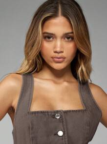 MISSGUIDED Chaleco corto de denim ajustado con cuello cuadrado y botones, estilo corset, para transición entre otoño y primavera, contemporáneo estilo western