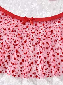 SHEIN 3pcs Women Sexy Mesh Heart Bow Shoulder Top And Bubble Skirt Lingerie Set