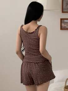 DAZY 2pcs Women's Comfortable Ditsy Floral Pajama Set - Coffee Brown - View 2