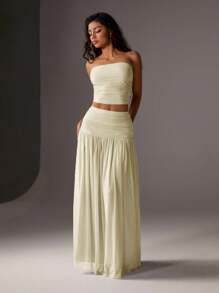 TRNVIE 2pcs Set Women Romantic Pink Mesh Bandeau Top And High Waist Pleated Mesh Maxi Skirt, Vacation Outfit Spring/Summer