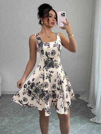 Rafferiza Vestido casual de vacaciones para mujer con cuello cuadrado, sin mangas, estampado e invisible cremallera trasera