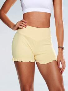Eassivo Eassivo 女士休闲运动短裤，带荷叶边下摆和收腰设计，适合日常慢跑，春夏季健身短裤 - 黃色 - 查看 3
