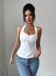 Chiquease French Style Knit White Halter Backless Tie-Up Contrast Lace Women's Summer Tank Top - White - View 6