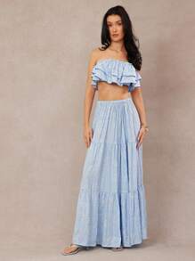 L'Amorae Elegant Vacation Tiered Ruffle Flouncy Maxi Skirt - Blue - View 3
