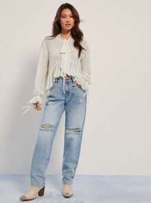 WESTFADE Pantalones vaqueros premium con pierna recta y ajustados, con roturas, sin estiramiento - Lavado ligero - Ver 1