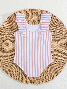 SHEIN Baby Girls Casual Striped Ruffle One-Piece Swimsuit, Bathing Suits For Toddlers