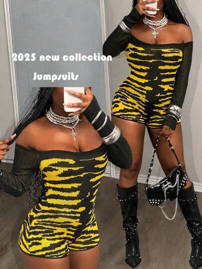 Slaydiva New Summer And Early Autumn Daily Dating Casual Street European And American Leopard Sexy One-Shoulder Jumpsuit Street Fashionable Tight-Fitting Slim Jumpsuit Woolen Tight Jumpsuit Ladies Sweater Jumpsuit Women S Clothes