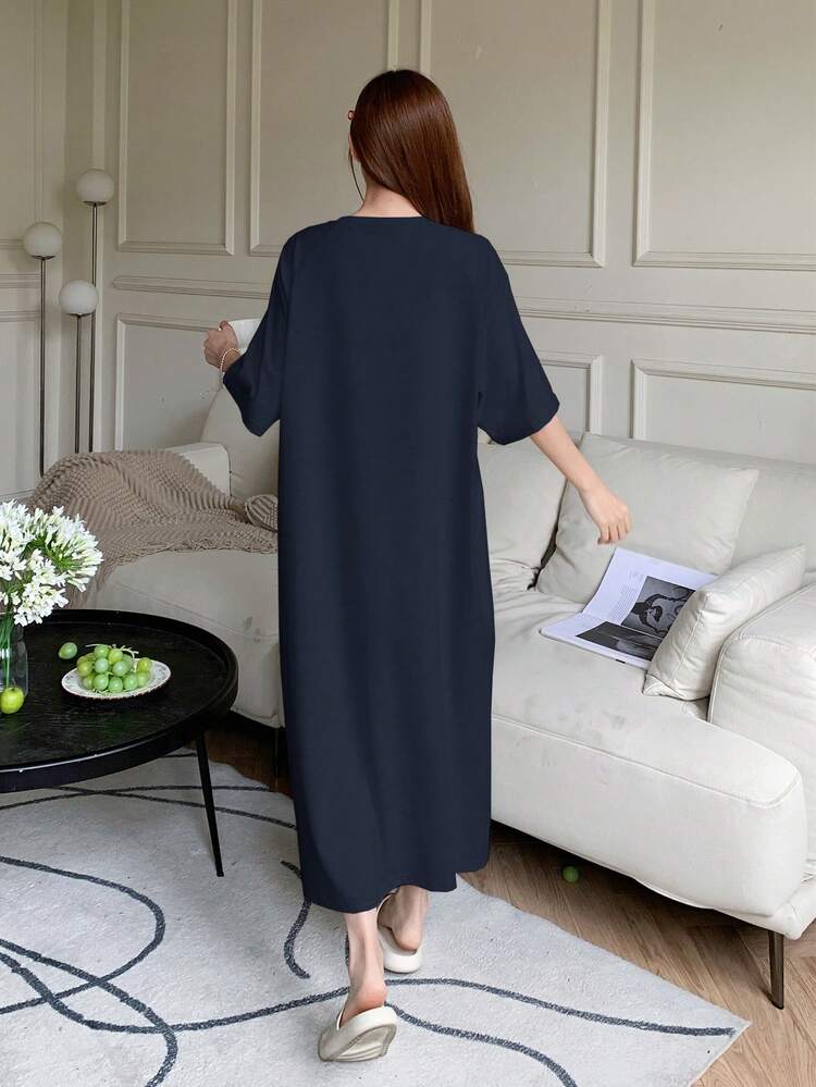 Raglan Sleeve Pattern Decor Loose Fit Loungewear Dress Pajama, Moo Moo Night Dress