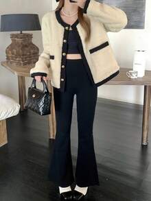 SHEIN Teen Girls Oversized Round Neck Contrast Color Button Front Teddy Bear Cardigan, Elegant & Retro Cropped Jacket Jacket For Teen Girl Cute Jacket Teddy Jacket Fuzzy Jacket Autumn Winter Clothes For Women - Apricot - View 3