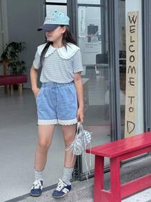 SHEIN Girl(Plus Size)Peter Pan Collar Blue Striped Polka Dot Blouse,Comfortable Denim Shorts T-Shirt Set,Black And White,Summer,Cute,School,Back-To-School - Blue - View 3