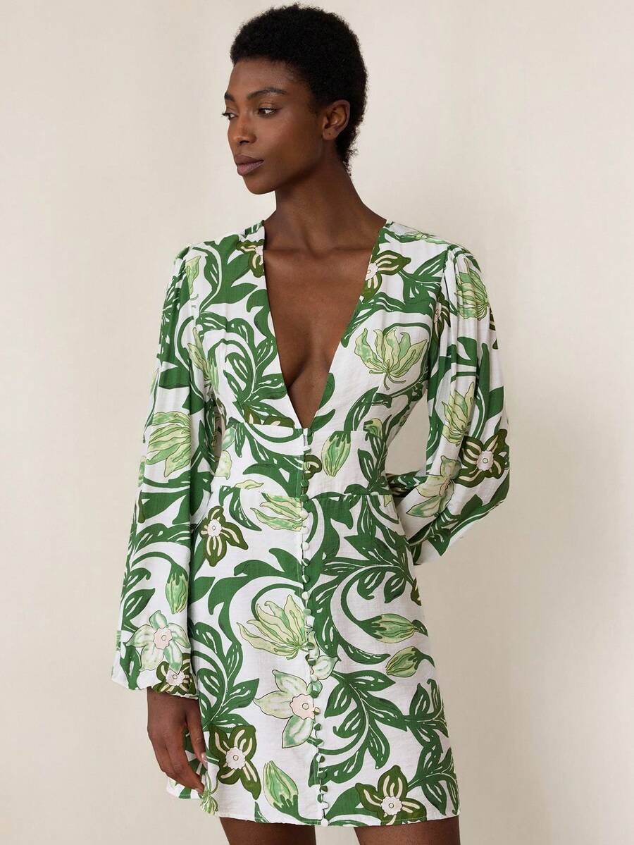Aveloria Modichic Elegant Vacation Single-Breasted Decorative Bamboo Node Linen White Floral Print Blue Long Sleeve Deep V-Neck Fitted Short Dress For Women - Green - View 1