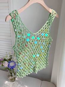 SHEIN EZwear Women's Summer Vacation Hand-Crocheted Heavy Beaded Camisole Sexy Tops Women