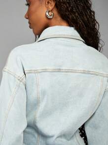 MISSGUIDED Women Classic Trucker Denim Jacket Cinched Waist Turn Up Cuff Casual Spring Fall Fashion Western Style Button Front Outerwear - Light Wash - View 6