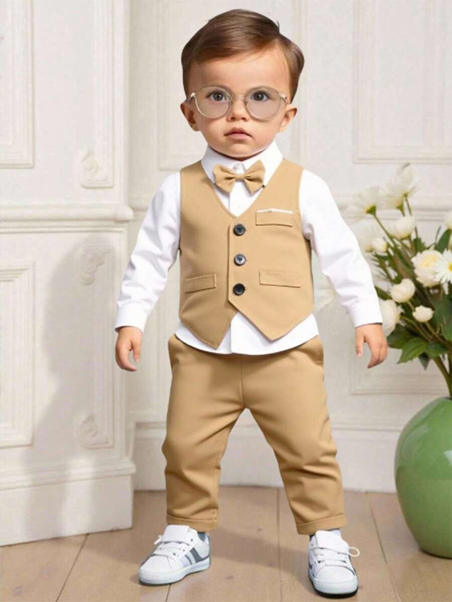 Baby Boys Solid Color Sleeveless Top And Long Pants Set Fall Winter - Multicolor - View 1