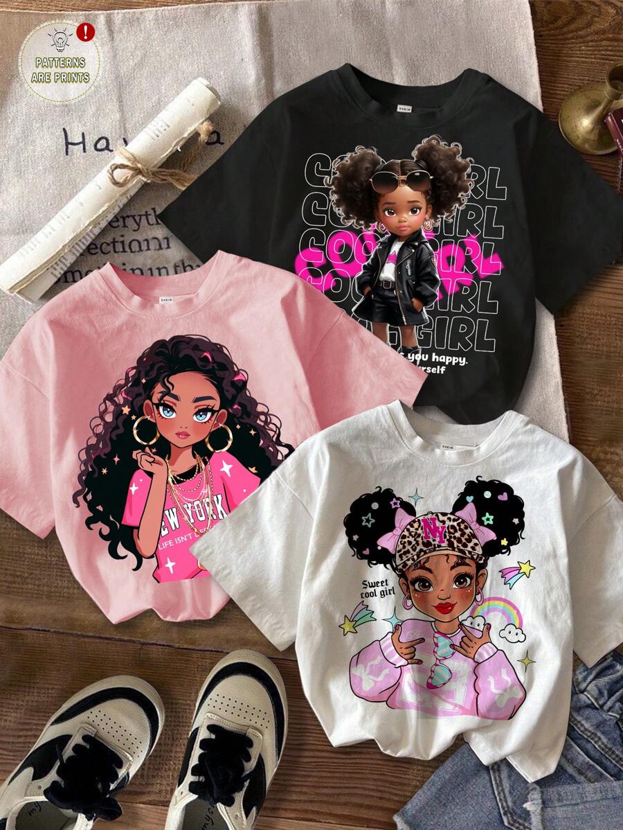 Tween Girls 3-Piece Set: Casual Simple Cartoon Girl Graphic Solid Color Short Sleeve Crew Neck T-Shirts, Suitable For Summer, School, Campus, College - Multicolor - View 1